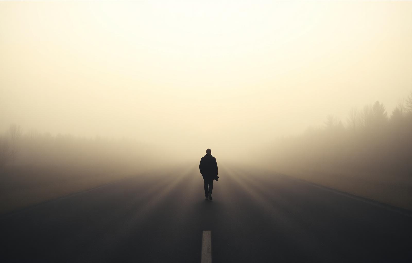 Figura solitária caminhando em uma estrada enevoada ao amanhecer